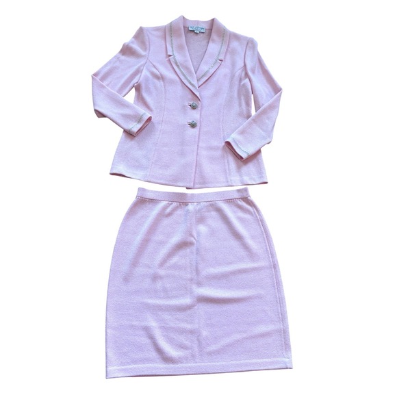 St. John Dresses & Skirts - St. John Evening Marie Gray Pink Knit Skirt Suit Rhinestone Trim Blazer Set 6